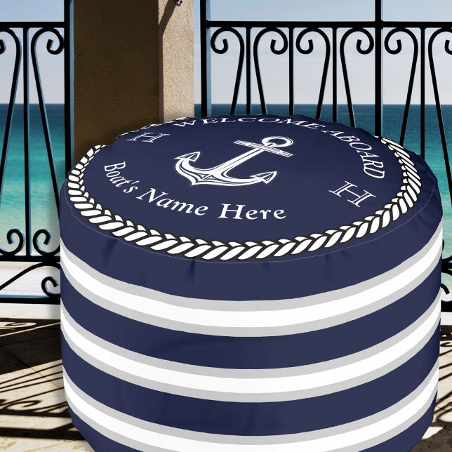 Nautical Navy Blue White Anchor Monogram Boat Pouf (Creator Uploaded)