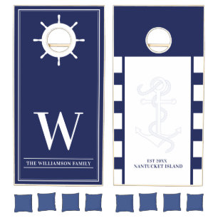 Nautical Navy Blue White Anchor Monogram Name Cornhole Set