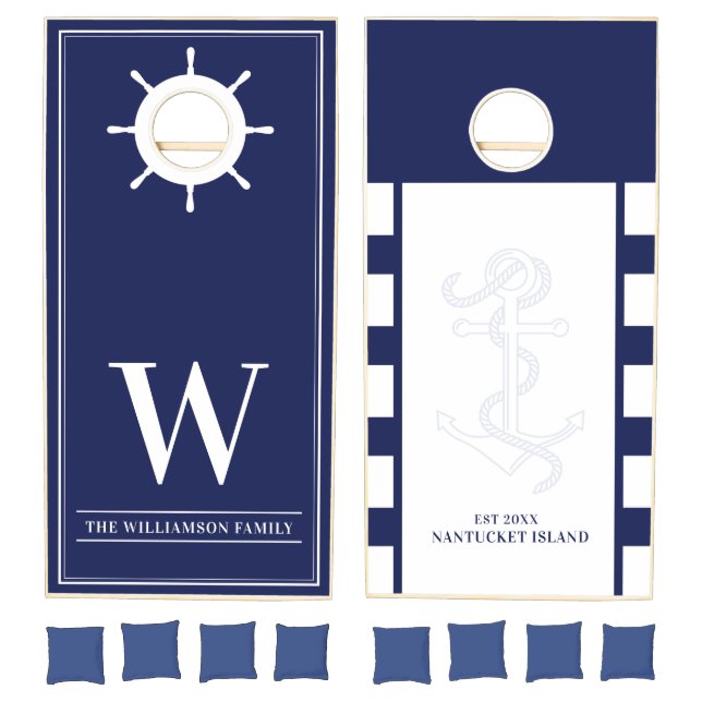 Nautical Navy Blue White Anchor Monogram Name  Cornhole Set (Set)
