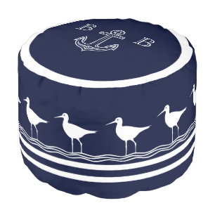 Nautical Navy Blue White Anchor Monogram Sandpiper Pouf