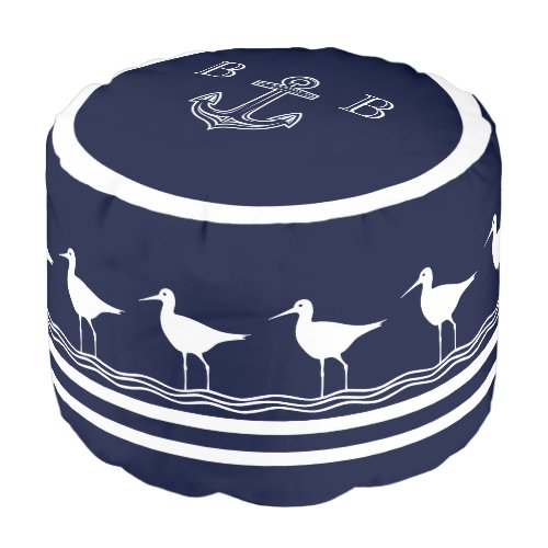 Nautical Navy Blue White Anchor Monogram Sandpiper Pouf