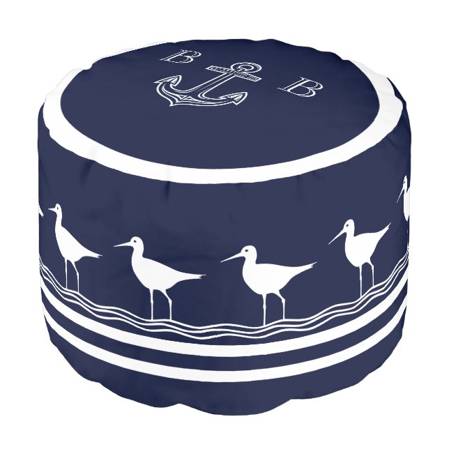 Nautical Navy Blue White Anchor Monogram Sandpiper Pouf (Angled Front)