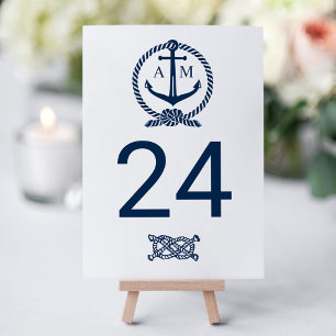 Nautical Navy Blue White Anchor Monogram Wedding Table Number