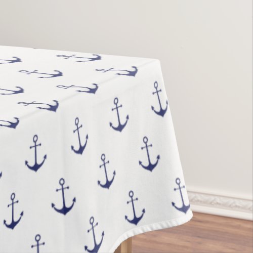 Nautical navy blue white anchor pattern coastal tablecloth