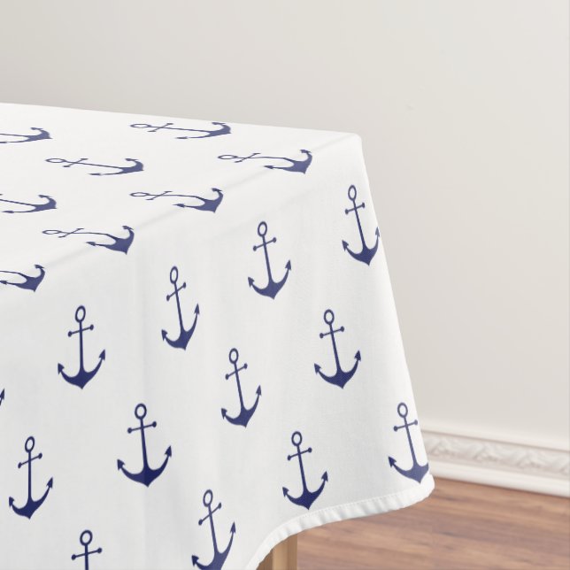 Nautical navy blue white anchor pattern coastal tablecloth (In Situ)
