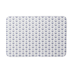 Nautical navy blue white anchor pattern modern bath mat