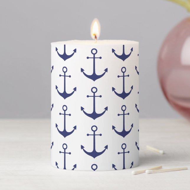 Nautical navy blue white anchor pattern modern pillar candle (In Situ)