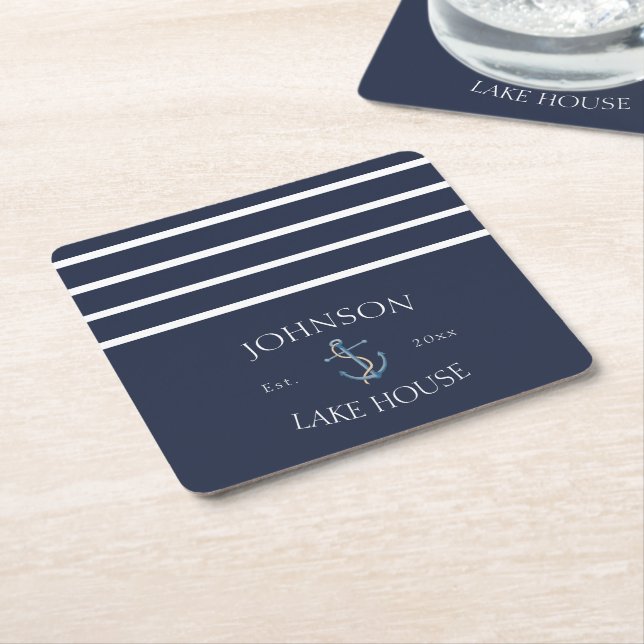 Nautical Navy Blue White Anchor Stripe Square Paper Coaster (Angled)