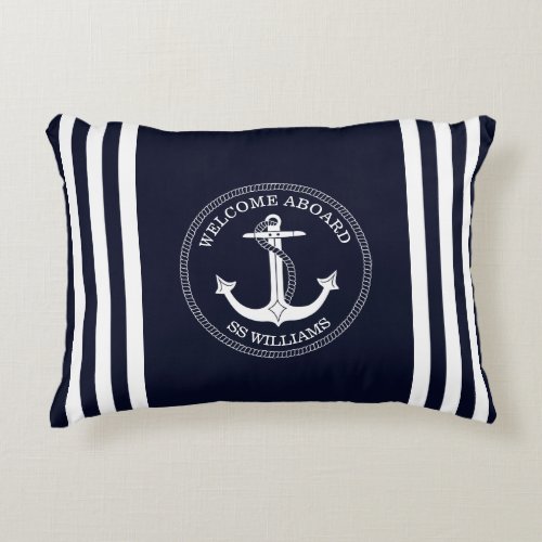 Nautical Navy Blue White Anchor Stripes Boat Name Accent Pillow