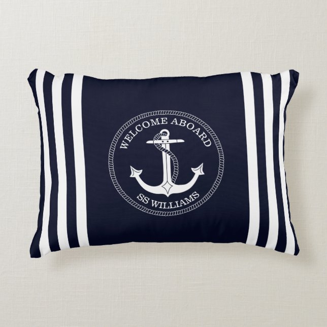 Nautical Navy Blue White Anchor Stripes Boat Name Accent Pillow (Front)