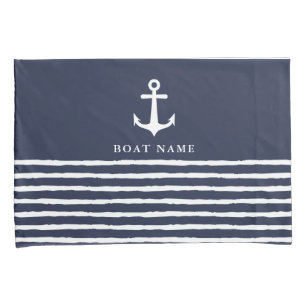 Nautical Navy Blue White Anchor Stripes Boat Name Pillow Case
