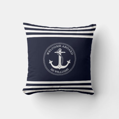 Nautical Navy Blue White Anchor Stripes Boat Name Throw Pillow