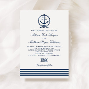 Nautical Navy Blue White Anchor Stripes Wedding Invitation