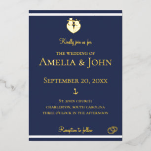 Nautical Navy Blue White Anchor Wedding Gold Foil Invitation