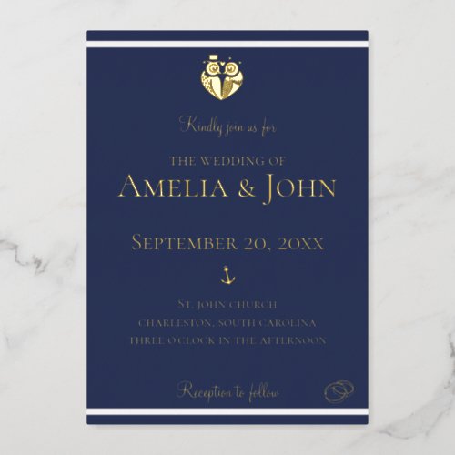 Nautical Navy Blue White Anchor Wedding Gold Foil Invitation