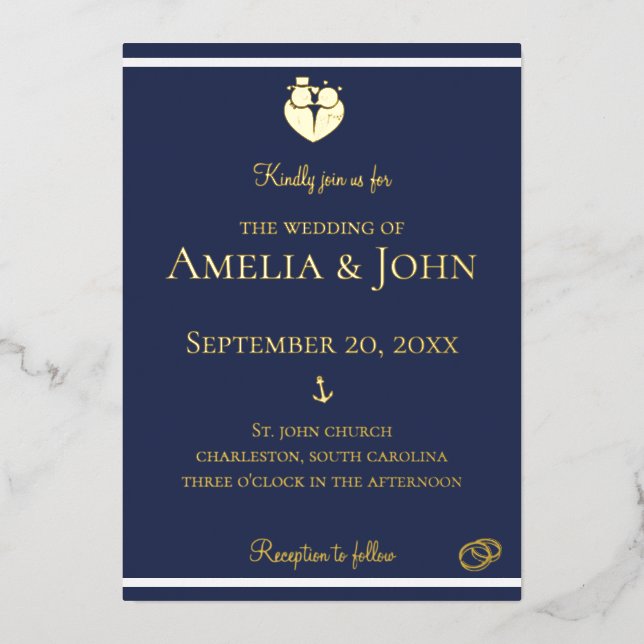 Nautical Navy Blue White Anchor Wedding Gold Foil Invitation (Front)