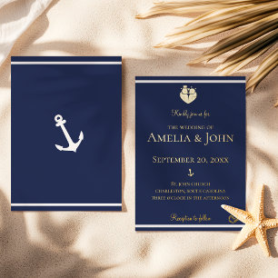 Nautical Navy Blue White Anchor Wedding Gold Foil Invitation