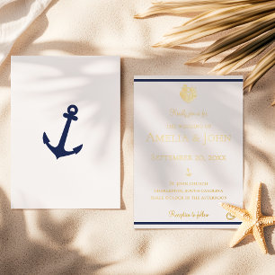 Nautical Navy Blue White Anchor Wedding Gold Foil Invitation