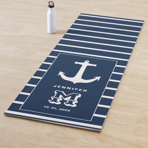 Nautical Navy Blue White Anchor Wedding Monogram Yoga Mat