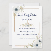 Nautical Navy Blue &amp; White Anemone Anchor Wedding Save The Date