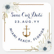 Nautical Navy Blue &amp; White Anemone Anchor Wedding Square Sticker