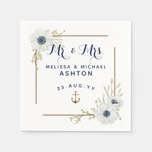 Nautical Navy Blue  White Anemone Dated Wedding Napkins