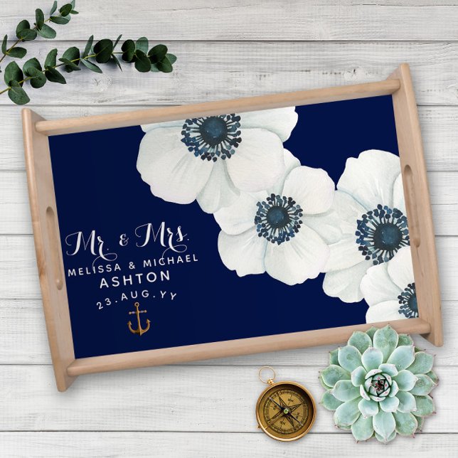Nautical Navy Blue & White Anemones Dated Keepsake Serving Tray (Creator Uploaded)