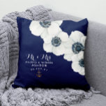 Nautical Navy Blue & White Anemones Dated Keepsake Throw Pillow<br><div class="desc">Nautical Boutique Co.'s bold navy blue and white pillow features watercolor white anemones set on a navy blue background. "Mr. & Mrs." is in modern script typography and that's paired with traditional block lettering.  The design is accented with a matching watercolor anchor.  #Nautical #CoastalWedding #Anemones</div>
