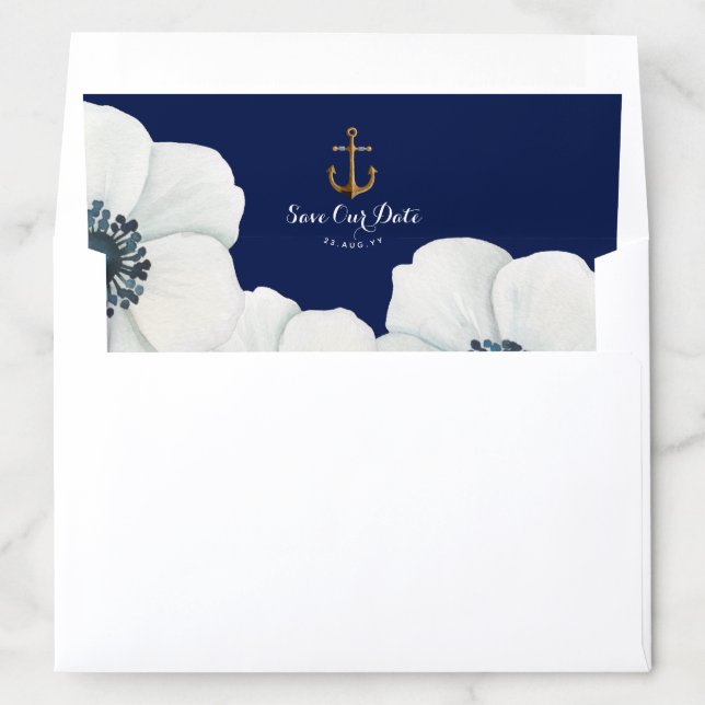 Nautical Navy Blue & White Anemones Save the Date Envelope Liner (In Envelope)