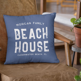 Nautical Navy Blue White Beach House Family Name Throw Pillow