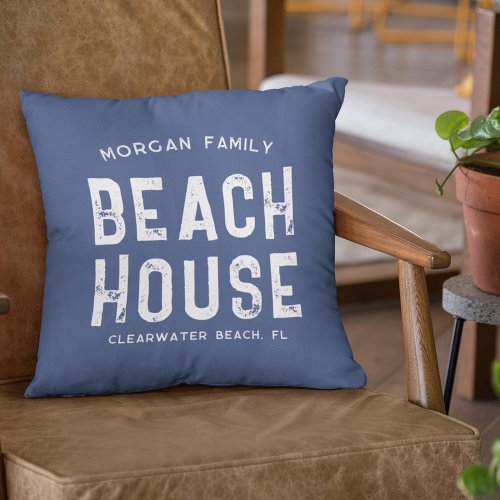 Nautical Navy Blue White Beach House Family Name Throw Pillow