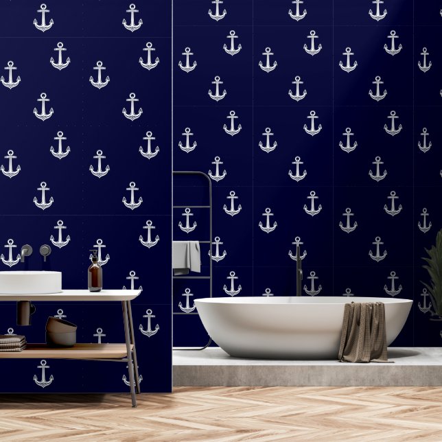 Nautical Navy Blue White Boat Anchor Wallpaper (Bathroom)