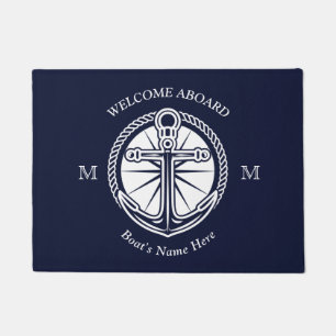 Nautical Navy Blue White Boat Name Anchor Welcome Doormat