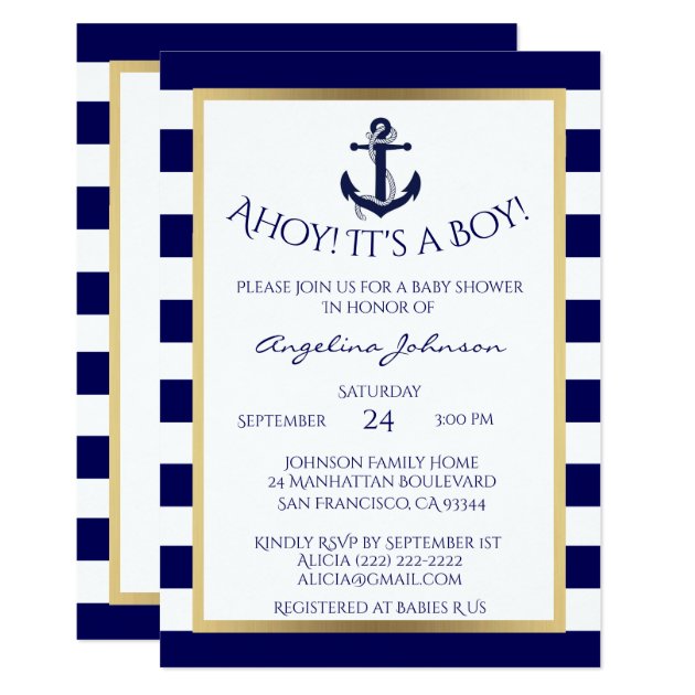 Nautical Navy Blue/White BOY Baby Shower Invites