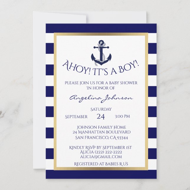 Nautical Navy Blue/White BOY Baby Shower Invites (Front)