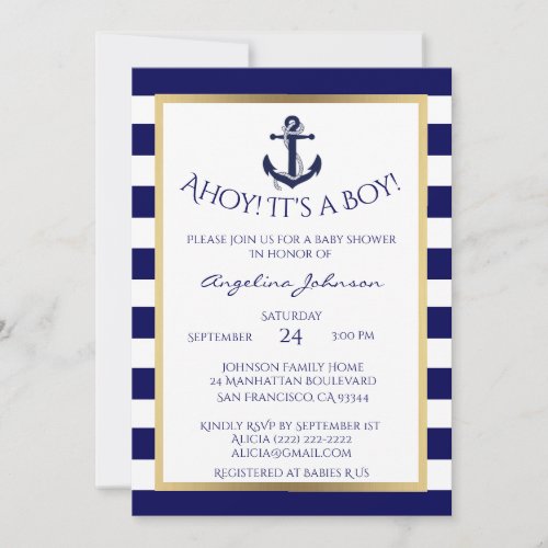 Nautical Navy BlueWhite BOY Baby Shower Invites