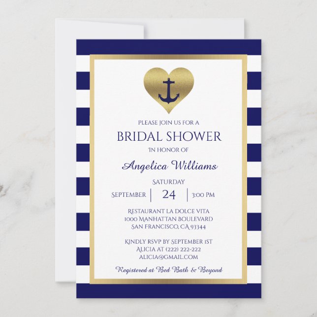 Nautical Navy Blue/White Bridal Shower Invitations (Front)