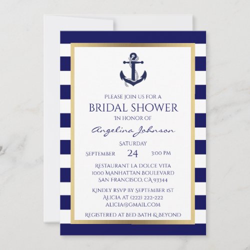 Nautical Navy BlueWhite Bridal Shower Invitations