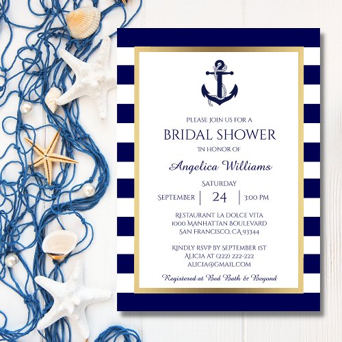 Nautical Navy BlueWhite Bridal Shower Invitations