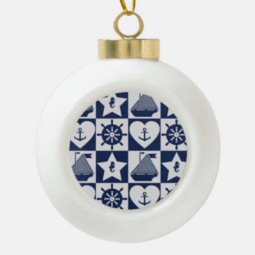 Nautical navy blue white checkered ceramic ball christmas ornament