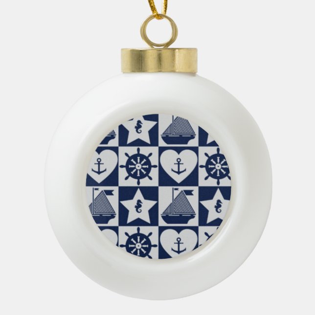 Nautical navy blue white checkered ceramic ball christmas ornament (Front)