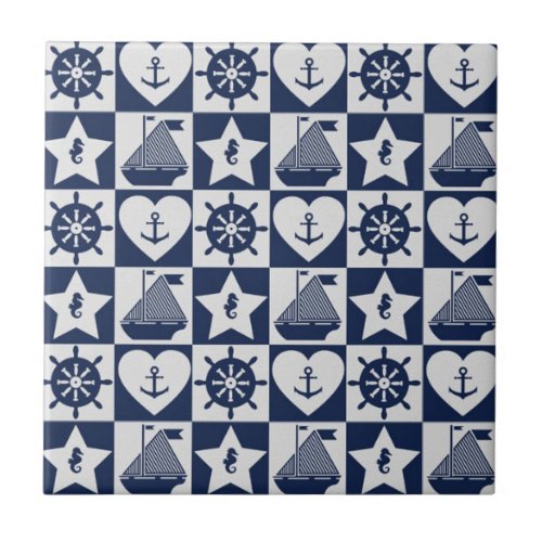 Nautical navy blue white checkered ceramic tile