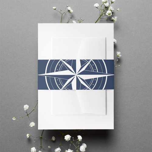 Nautical Navy Blue  White Compass Wedding Invitation Belly Band