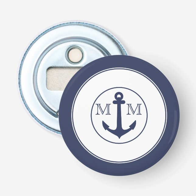 Nautical Navy Blue White Crab Anchor Monogram Bottle Opener (Front)