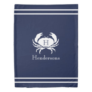 Nautical Navy Blue White Crab Monogram Name Duvet Cover