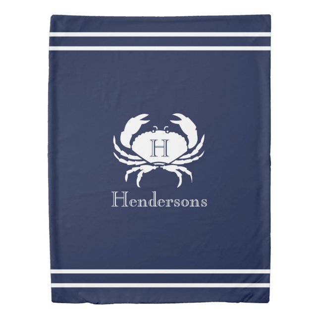Nautical Navy Blue  White Crab Monogram Name Duvet Cover (Front)