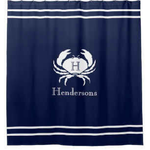 Nautical Navy Blue White Crab Monogram Name Shower Curtain