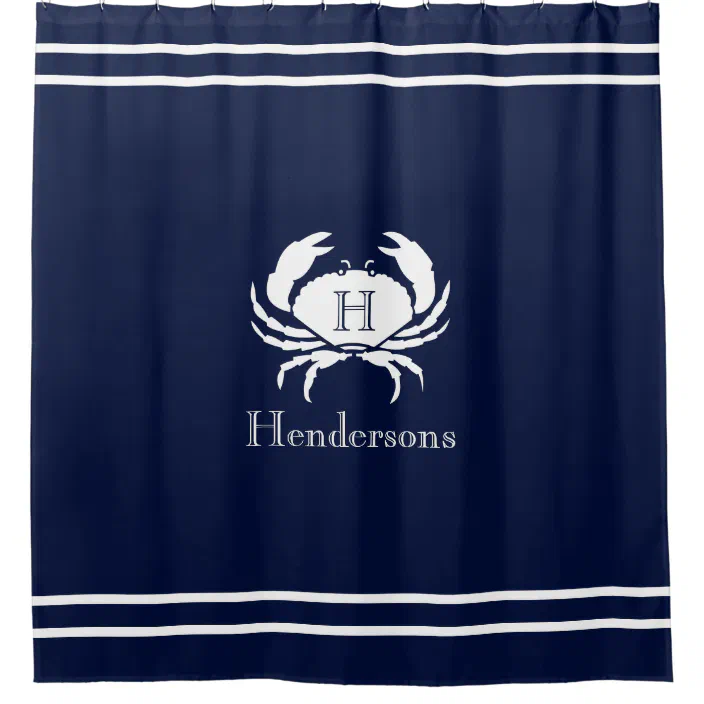 Nautical Navy Blue White Crab Monogram, Maryland Crab Shower Curtain