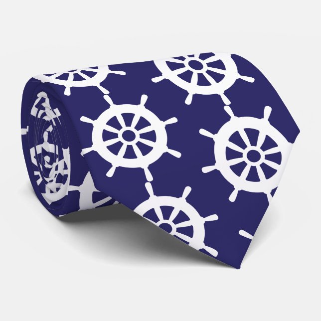 Nautical Navy Blue White Cruise Ship Wheel Pattern Neck Tie (Rolled)