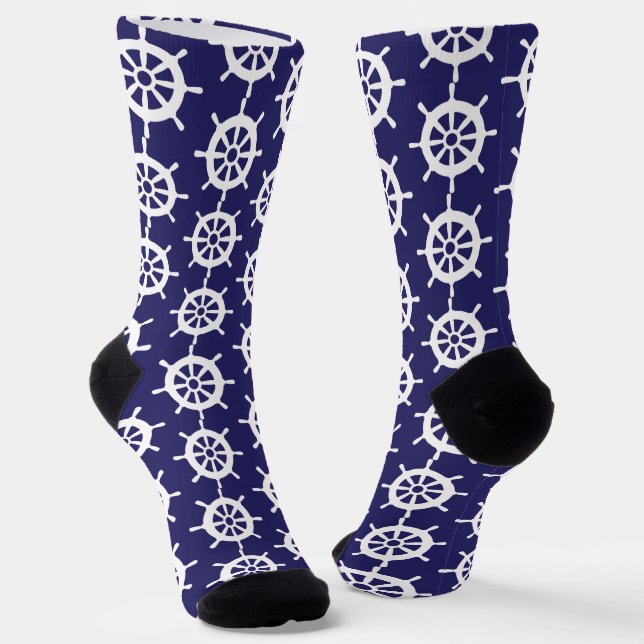 Nautical Navy Blue White Cruise Ship Wheel Pattern Socks (Angled)